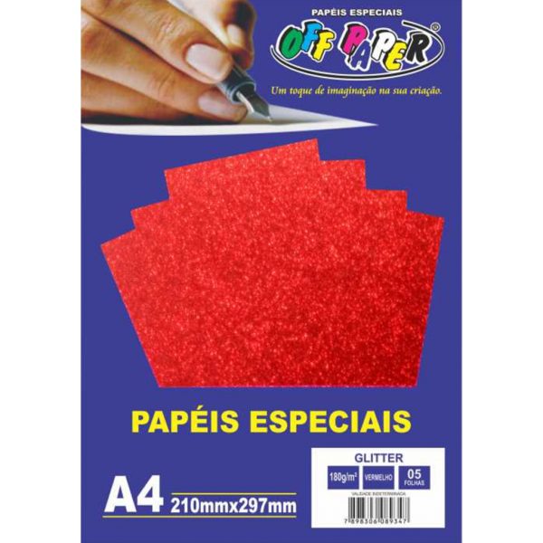 PAPEL ESPECIAL GLITTER VERMELHO 180G COM 5 FOLHAS OFF PAPER