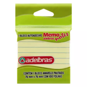 BLOCO DE RECADO AUTOADESIVO MEMONOTE AM. PAUT. 76X76 100FL 08120000018 - ADELBRAS