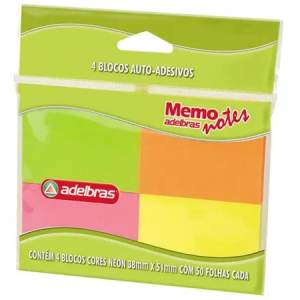 BLOCO DE RECADO AUTOADESIVO MEMONOTE NEON 38X51 50FLS. PCT.C/04 0812000021 - ADELBRAS