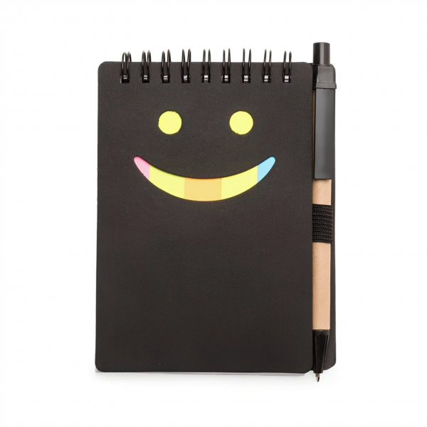 BLOCO DE ANOTAÇÕES PRETO SMILES ESPIRAL COM POST-IT E CANETA